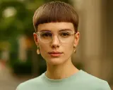 Une jeune femme au regard intense porte une coupe au bol cheveux bouclés, des lunettes transparentes et des boucles d'oreilles dorées.