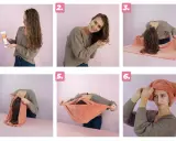 Étapes pour un séchage parfait des cheveux bouclés : application de produit, scrunching, puis pliage de la serviette pour un séchage doux.