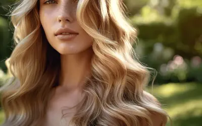 Une femme aux cheveux blonds ondulés, avec un dégradé ombré subtil, sourit doucement dans un jardin ensoleillé.