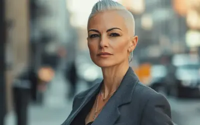 Femme au regard intense, arborant une coiffure rock femme court audacieuse et un blazer gris.