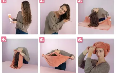 Étapes pour un séchage parfait des cheveux bouclés : application de produit, scrunching, puis pliage de la serviette pour un séchage doux.