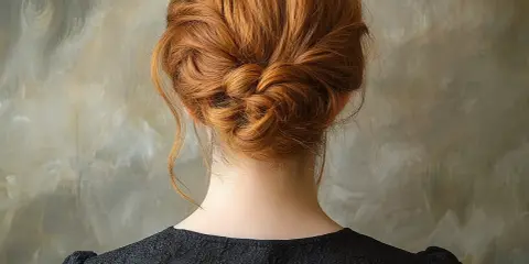 Chevelure rousse magnifiquement coiffée en un chignon bas tressé, orné de quelques mèches libres.