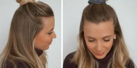 Coiffure simple et rapide cheveux mi long : un chignon haut sur le dessus de la tête, avec le reste des cheveux lâchés.