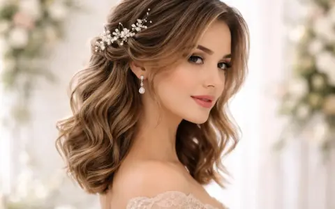 Une jeune femme aux cheveux mi-longs ondulés arbore une coiffure bohème ornée d'une délicate parure de perles et de cristaux.