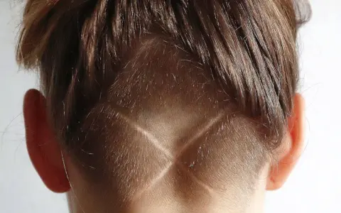 Vue arrière de la tête d'une personne avec des cheveux bruns. Le bas de la nuque est rasé en forme de V, créant un effet de désépaissir cheveux.