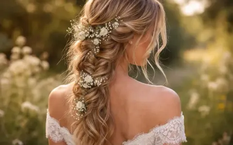 Coiffure bohème chic avec tresse ornée de petites fleurs blanches. Une mariée rayonnante dans un décor champêtre.