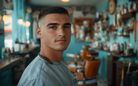Jeune homme avec une coupe brosse homme impeccable, dans un salon de coiffure vintage.