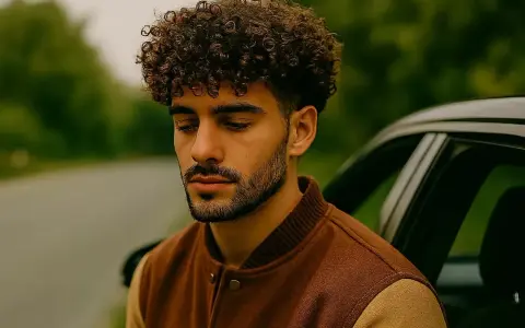 Un jeune homme aux cheveux bouclés, pensif, appuyé contre une voiture en pleine nature.