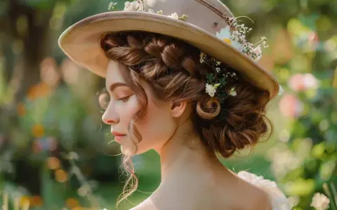 Coiffure avec chapeau de paille ornée de fleurs, une jeune femme aux boucles brunes rêveuses dans un jardin ensoleillé.