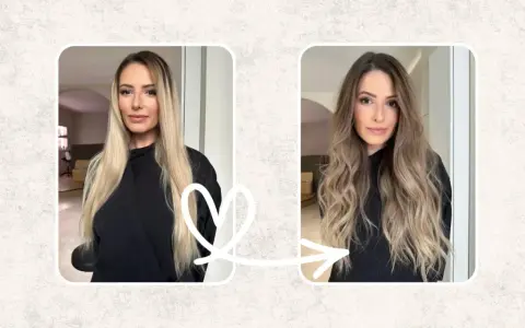 Avant/après : des cheveux blonds lisses transformés en une chevelure ondulée aux reflets subtils grâce à un balayage inversé.