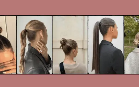 Cinq coiffures plaqué élégantes : chignons, queues de cheval tressées et lissées.