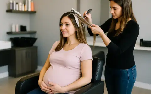 Une femme enceinte profite d'un balayage chez le coiffeur. Elle tient son ventre avec un sourire doux.
