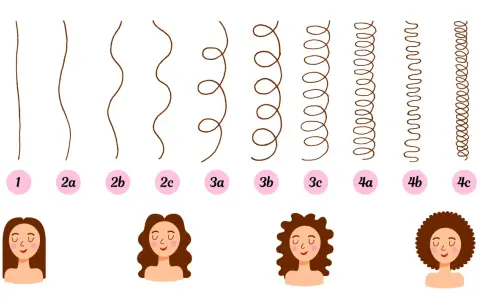 Guide pour comment savoir son type de cheveux : des mèches lisses aux boucles serrées, avec des exemples visuels et des numéros.