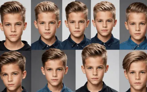 Huit portraits de jeunes garçons présentant différentes versions d'une coupe bébé garçon moderne et stylée.