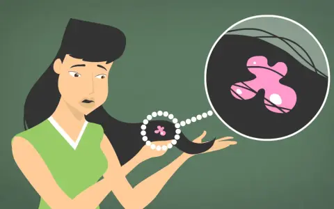 Une jeune femme découvre un chewing-gum rose collé à ses cheveux. Une illustration montre comment enlever un chewing gum dans les cheveux.