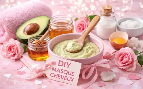 Un bol de masque cheveux avocat, miel, lait et œuf, entouré de roses roses et de cœurs.