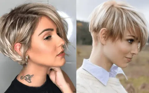Deux femmes arborent des coupes de cheveux courts stylées, l'une avec un dégradé asymétrique, l'autre avec une pixie blonde.