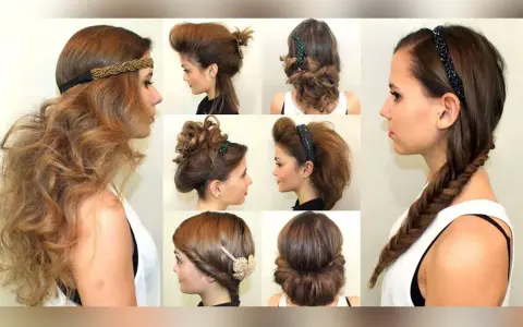 Collage de coiffures avec serre-tête : ondulations bohèmes, chignons sophistiqués, tresses élégantes.