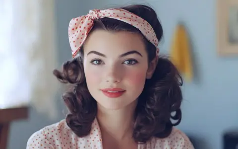 Jeune femme avec une coiffure année 40, des couettes bouclées et un foulard à pois.