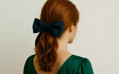 Une queue de cheval aux cheveux roux est ornée d'un grand nœud bleu marine, ajoutant une touche d'élégance à cette coiffure.