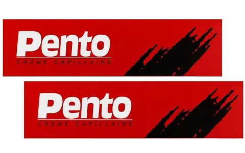 Deux logos Pento Crème Capillaire sur fond rouge. Attention, ce produit peut être dangereux pour vos cheveux.