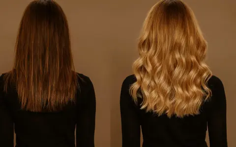 Avant/après : coloration blonde sur brune, résultat éclatant et wavy.