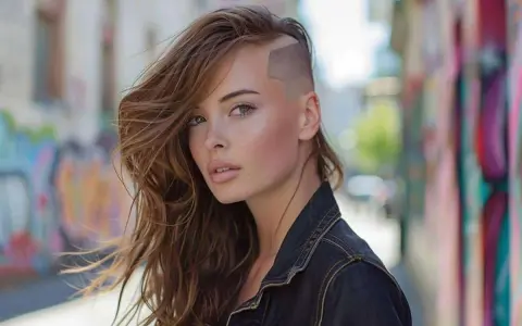 Jeune femme au regard intense, arborant une coupe de cheveux audacieuse : côté rasé, le dessus long et ondulé.