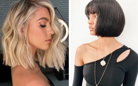 Deux femmes présentent des coupes de cheveux différentes. L'une a des cheveux blonds ondulés, l'autre des cheveux noirs courts. La longueur des cheveux varie.