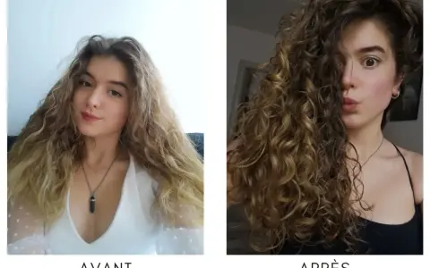 Avant/après : des cheveux raides et ondulés se transforment en boucles définies et volumineuses.