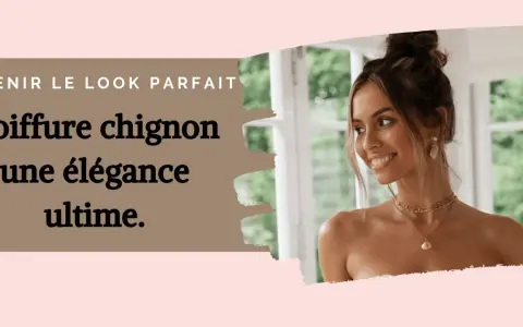 Une femme souriante avec des cheveux ébouriffés en chignon, portant des bijoux dorés. Le texte indique "Coiffure chignon, une élégance ultime.