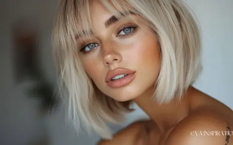 Un portrait de femme aux yeux bleus perçants, un nez parsemé de taches de rousseur et une **mèche blonde devant** encadrant son visage.
