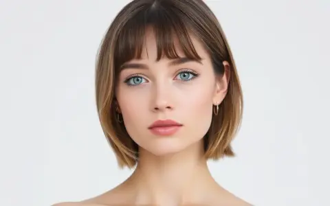 Une femme à la peau pâle avec des yeux bleus perçants et une coupe au carré châtain clair. Une belle couleur cheveux pour peau pâle.