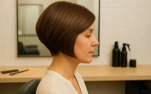 Une femme avec un carré plongeant court, idéal pour des cheveux fins, pose dans un salon de coiffure.