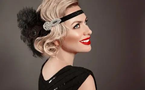Coiffure année 20 cheveux long, avec bandeau orné de plumes et de strass. Une touche glamour pour une soirée chic.