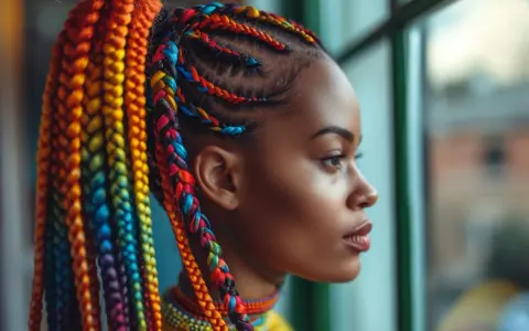 Coiffure cheveux bouclés avec tresse arc-en-ciel, une jeune femme regarde par la fenêtre.