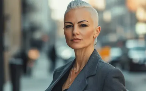 Femme au regard intense, arborant une coiffure rock femme court audacieuse et un blazer gris.
