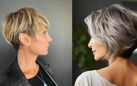 Deux femmes arborent une coupe de cheveux court effilé sauvage, l'une blonde texturisée, l'autre grisonnante et volumineuse.