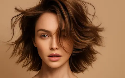 Visage de femme aux cheveux bruns volumineux, une mèche cache un œil. Une inspiration pour une routine cheveux fins.