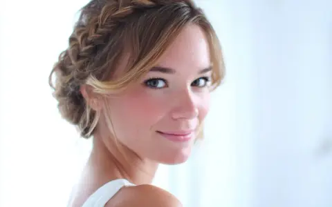 Une jeune femme au sourire doux arbore une coiffure demi tresse élégante, ses cheveux blonds ornés d'une tresse subtile.
