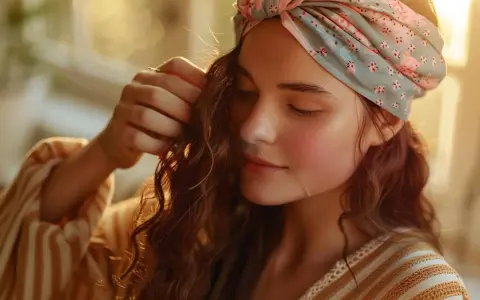Jeune femme aux cheveux ondulés, portant un bandeau fleuri. Elle semble appliquer un masque sur cheveux sec ou humide, profitant d'une lumière douce.