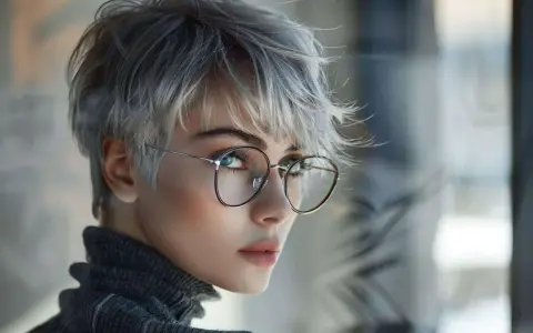 Une femme aux cheveux courts et gris porte des lunettes, son regard intense captivant.
