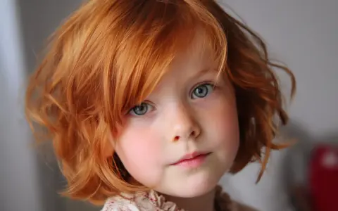 Adorable fillette aux cheveux roux et bouclés, avec une coupe carré. Ses yeux bleus pétillent de malice.