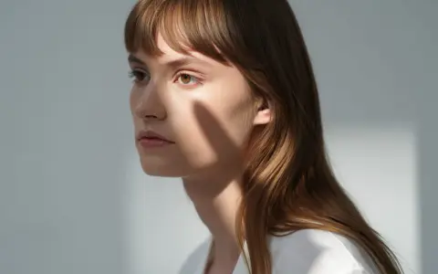 Une jeune femme aux cheveux châtains, une ombre sur le visage, parfaite pour apprendre comment coiffer une frange sur le côté.