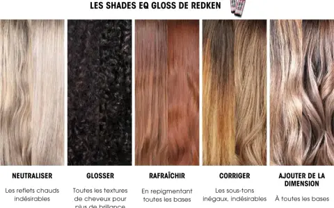 Cinq échantillons de couleur de cheveux, du blond clair au brun foncé, illustrant les effets des teintes Redken Shades EQ Gloss. Chaque couleur de cheveux a un nom et une description.