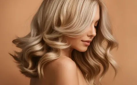 Une femme avec de magnifiques cheveux jaune, ondulés et brillants, pose de profil sur un fond uni.