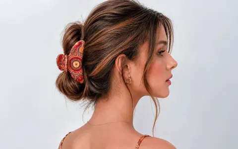 Coiffure chic avec une pince à cheveux ornée de motifs ethniques, retenant un chignon flou.