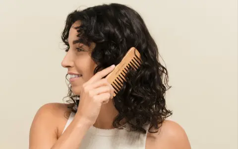 Une femme se peigne les cheveux bruns avec un peigne en bois. Elle sourit, car mes cheveux ne bouclent pas partout, mais ce peigne aide à définir les boucles.