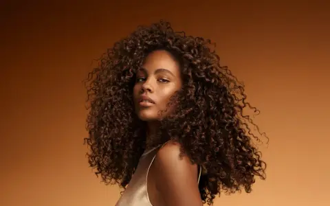 Une jeune femme aux cheveux bouclés et brillants, un exemple de comment bien rincer ses cheveux pour un éclat naturel.