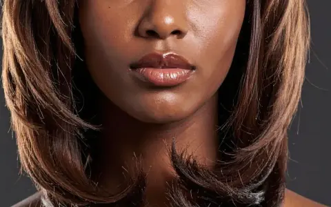 Bouche pulpeuse et brillants, encadrée par un dégradé cheveux long brun, aux reflets chauds.