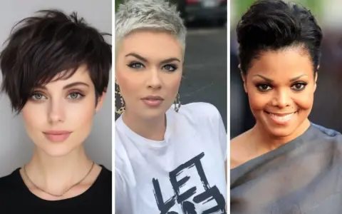 Trois femmes arborent une coupe carré court stylée : une brune aux yeux verts, une blonde platine audacieuse, et une femme souriante à la coiffure volumineuse.